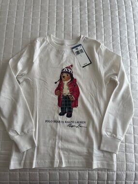Ralph Lauren White Long-Sleeve Polo Bear Tee with Red Accents